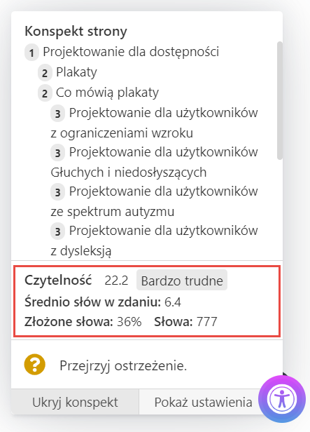 Zrzut ekranu panelu Czytelność w Konspekcie strony. Sekcja Czytelność pokazuje wynik w skali od 0 do 100, trudność, średnią liczbę słów w zdaniu, procent słów trudnych oraz liczbę słów ogółem.