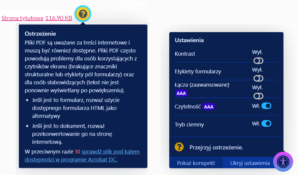 Zrzut ekranu panelu ustawień w trybie ciemnym pokazujący przełączniki dla kontrastu, etykiet formularzy, linków (zaawansowane), czytelności i trybu ciemnego. Pojawia się także wskazówka ostrzegająca o łączach, które otwierają się na nowej karcie bez ostrzeżenia.