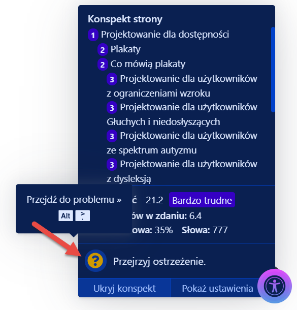 Zrzut ekranu z przyciskiem Przejdź do problemu oraz alertem informującym, że element może być ukryty w komponencie akordeonu lub karty.